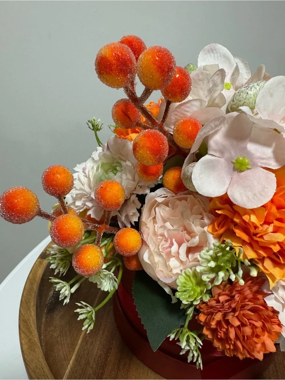 Handmade Artificial Floral Arrangement in Burgundy Hatbox – Fall Home Decor